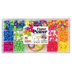 the flower power beading kit is packed with various colors and sizes, including multicolored beads