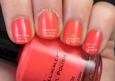 OPI Down To The Core-al ; KBShimmer You're So Shellfish ; OPI Toucan Do It If You Try ; OPI Live.Love.Carnaval Doing My Own Nails, Coral Pink Nails, Toe Art Designs, Summer Nails 2018, Coral Nail, Coral Nail Polish, Opi Polish, Remove Acrylic Nails, Nails 2018