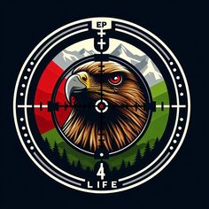 an eagle is shown in the center of a target with mountains and trees behind it