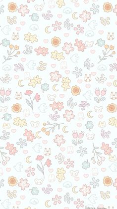 a white background with many different flowers and hearts on the bottom right corner, in pastel colors