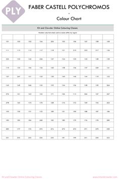 the printable table for paper caste polychroms, with numbers and colors