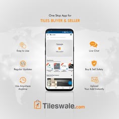 an image of a mobile phone with the title'one stop app for tiles buyer & seller '