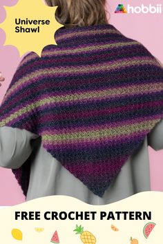 a woman wearing a purple and green striped shawl with text overlay that reads, free crochet pattern