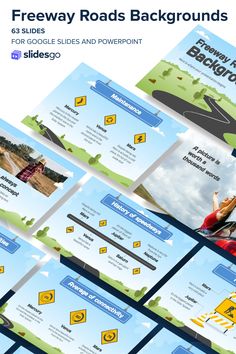 a bunch of different slides with the title freeway roads backgrounds for google slides and powerpoint slidesgo