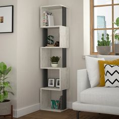 a living room with a white couch and some bookshelves on the wall next to a potted plant