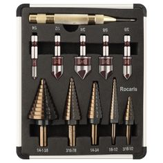 an assortment of tools in a case with different types of drills and tips on it