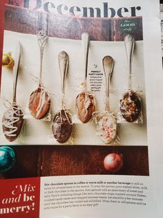 a magazine page with spoons and candies on it's side, in front of an advertisement for the december issue