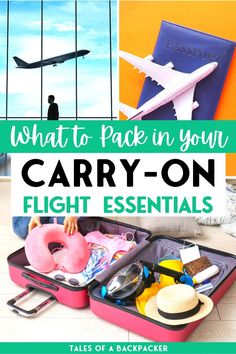 an open suitcase filled with luggage and the words, what to pack in your carry - on flight essentials