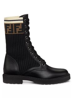 Shop Fendi Rockoko Leather & Knit Combat Boots | Saks Fifth Avenue Kids Black Boots, Fendi Boots, Fendi Kids, Wedge Heel Boots, Fendi Shoes, Beige Shoes, Kids Boots, Boot Shoes Women