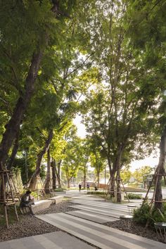 people are sitting on benches under the trees