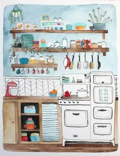 a watercolor painting of a kitchen with pots and pans