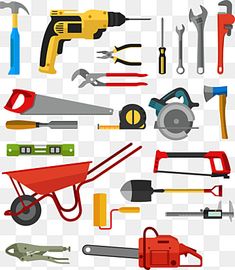 various tools are arranged on a white background, including hammers, pliers and wrenches