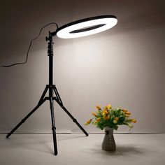 a light that is on top of a tripod next to a vase with flowers