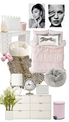 a bedroom with pink, white and leopard print decor on the wall next to a dresser