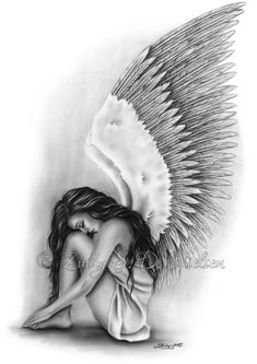 a drawing of an angel sitting on the ground with her arms around her body and wings spread