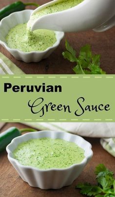 two white bowls filled with green sauce and garnished with parsley