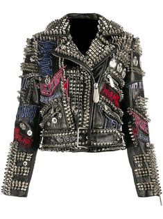 Elevate your style with our Women's Studded Leather Jacket, perfect for those who embrace gothic and punk fashion. Crafted from high-quality leather, this jacket features striking solid metal studs that add an edgy touch to any outfit. Personalize your look with customizable patches, making it truly your own. The belted design not only flatters your silhouette but also offers versatility for various occasions. Ideal for festivals, nights out, or everyday wear, this jacket is a statement piece that combines style and individuality. Stand out and express yourself with this unique fashion staple! Pin Badges with High-Quality Studs. Each securely added by hand Cropped, Vintage-inspired / Moto / Fit Patches Jacket Spiked Studs Steampunk Gothic 0.9 to 1.0 MM Cowhide Leather used Jacket has All s Spiked Leather Jacket, Punk Mode, Punk Fashion Diy, Punk Jacket, Alt Clothes, Cyberpunk Clothes, Patch Jacket, Studded Leather Jacket, Battle Jacket