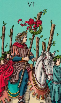 a tarot card with an image of a man on a horse and two men standing next to each other