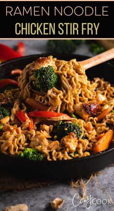 ramen noodle chicken stir fry with broccoli and peppers Ramen Noodle Chicken Stir Fry, Noodle Chicken Stir Fry, Ramen Noodle Chicken, Stir Fry With Peanut Sauce, Ramen Chicken, Fried Ramen, Delicious Ramen, Homemade Stir Fry, Cozy Cook