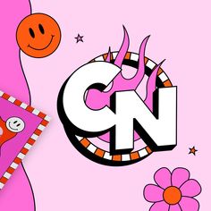 the letter gn is surrounded by pink flowers and smiling characters, including an orange cat