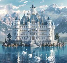 a castle with swans swimming in the water