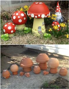 the garden is decorated with clay pots and mushrooms