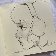 a drawing of a woman with headphones on