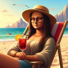 a painting of a woman sitting in a beach chair holding a drink