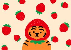 an orange cat with a red hoodie surrounded by strawberries