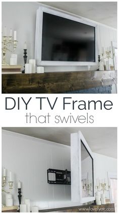 a flat screen tv mounted to the side of a wall next to candles and vases