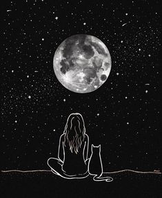 a woman sitting on the ground with her cat in front of a full moon and stars