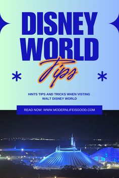 the disney world tips sign is lit up at night with lights and buildings in the background