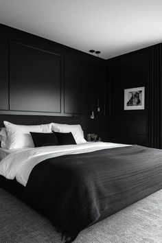 "Make a powerful statement with a Bold Monochrome Bedroom! 🛏️🖤 Perfect for creating a space that feels both modern and timeless. 🌟✨ #MonochromeStyle #BedroomInspiration #BoldLiving" Dark Bedroom Decor, Dark Bedrooms, Guys Room Aesthetic, Simple Bed Designs, Peaceful Bedroom, Minimalist Bed, Moody Bedroom, Dark Bedroom