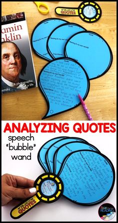 an image of some blue speech bubbles with the words analyzing quotes on them and a book