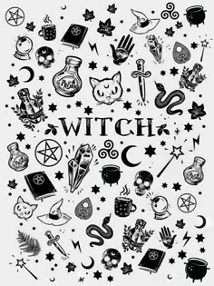 the words witch surrounded by various symbols