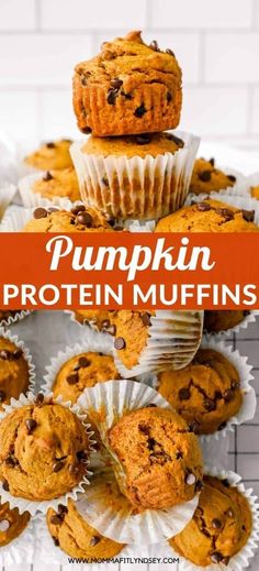 pumpkin protein muffins stacked on top of each other