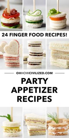 different sandwiches with the words party appetizer recipes on them and pictures of finger food