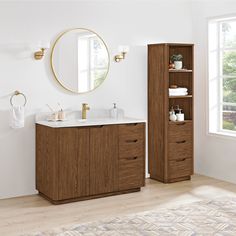 a bathroom with a wooden cabinet, sink and mirror