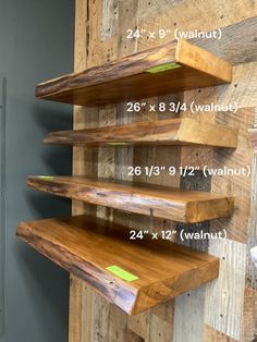 three wooden shelves on the wall with measurements for each shelf and height to fit them