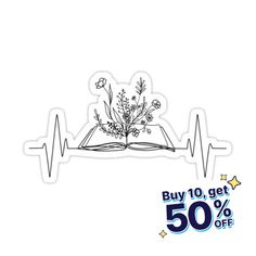 an open book with flowers on it and the words buy 10 get 50 % off