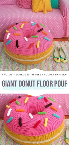 two knitted donuts with sprinkles on them sitting on the floor