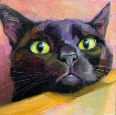 a painting of a black cat with yellow eyes looking over the edge of a window