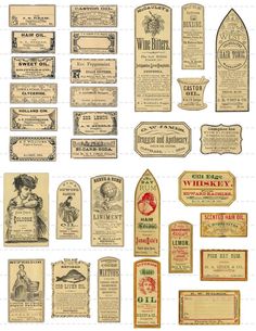 an assortment of old fashioned labels and tags