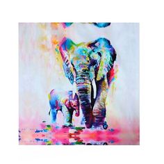 an elephant and her baby are painted in bright colors