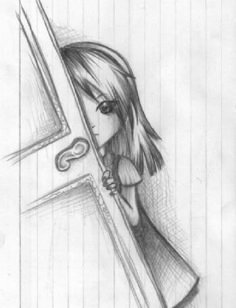 a drawing of a girl peeking out from behind a window with the caption save