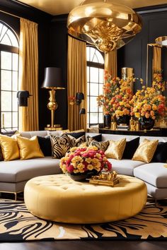 Step into opulence with this exquisite lavish glam living room. Showcasing a rich color palette of black and gold, this space exudes elegance and sophistication. The sumptuous golden drapes, striking spherical chandelier, and polished gold accents create an atmosphere of grandeur. Plush seating with regal velvet cushions, a luxurious tufted ottoman, and an exotic zebra print rug add depth and texture. Blossoming floral arrangements bring a dash of nature’s brilliance Versace Living Room, Brown And Gold Living Room Decor, Gold And Black Living Room Ideas, Black And Gold Living Room Decor, Gold Family Room, Black Gold Living Room Decor, Gold And Black Living Room, Modern Wall Design Ideas, Black White And Gold Living Room