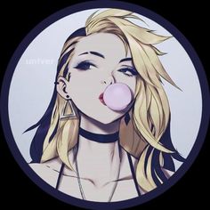 a woman with blonde hair blowing a bubble in front of her face and wearing black choker