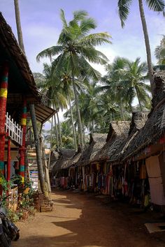 a row of houses with thatched roofs and palm trees in the background