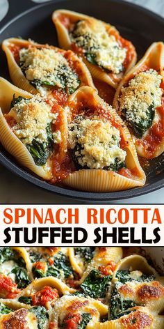 spinach ricotta stuffed shells in a skillet