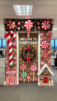 "A snowy winter landscape with a cheerful snowman wearing a hat and scarf, surrounded by snow-covered trees. The text reads 'Season's Greetings.'" Christmas Candyland Theme, Office Door Decorating Ideas, Candyland Sign, Christmas Office Door, Candyland Halloween, Christmas Door Decorating Ideas, Christmas Cubicle Decorations, Door Decorating Ideas